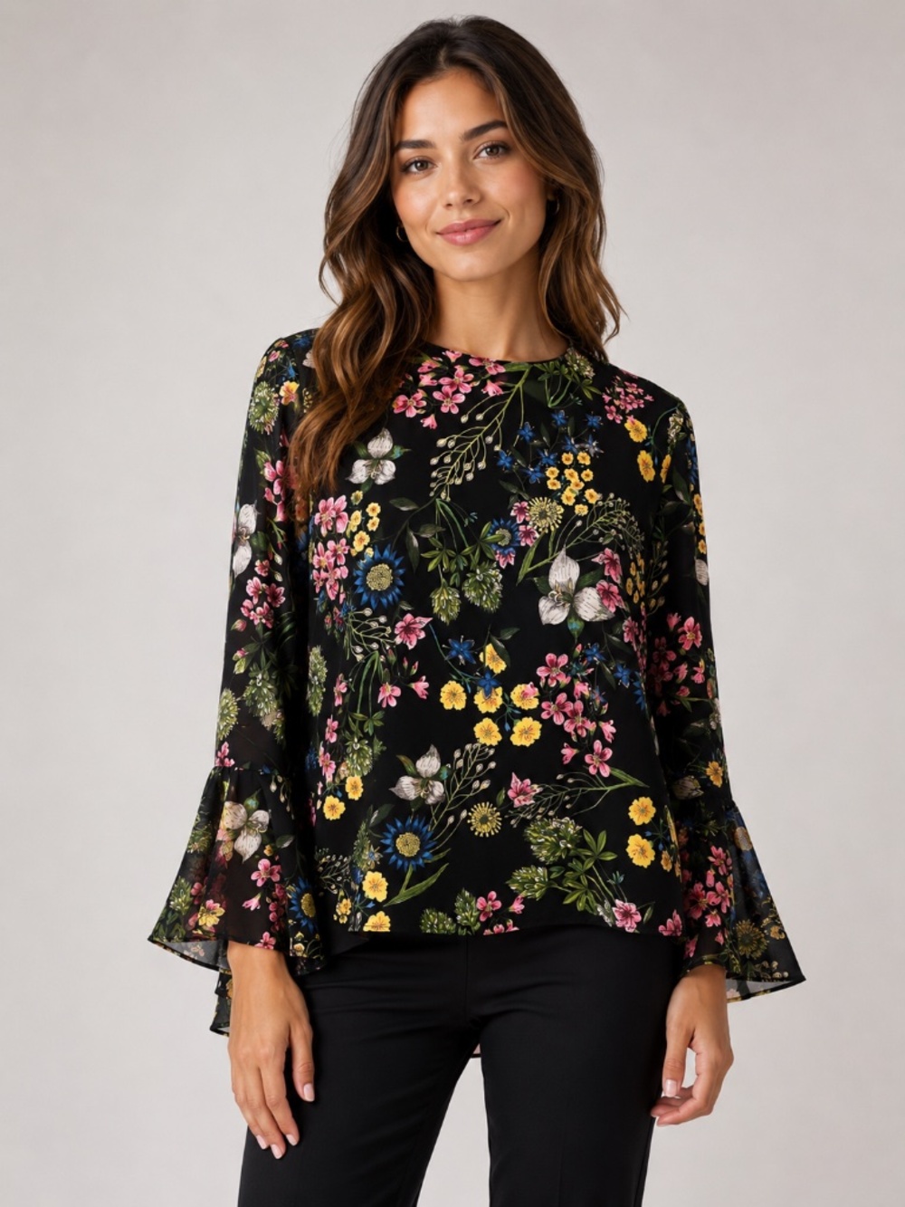 Catherine Malandrino Botanical Floral Button Back Top Bell Sleeve Whimsigoth SM